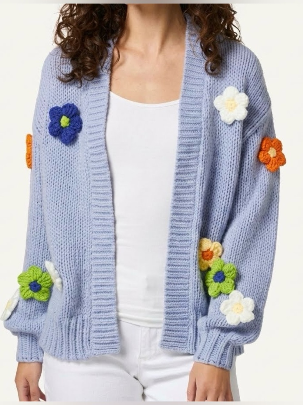 Cato Oversized Open Cardigan Sweater 3D Flower Puffs Cottagecore Whimsy Boho L